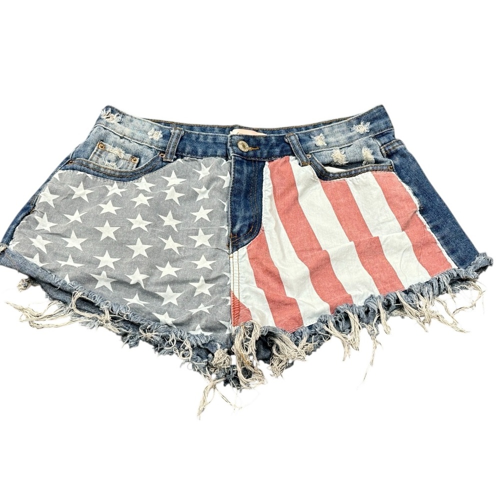 C+D+M Patriotic Denim Women's Shorts Distressed Fringe SZ XL
